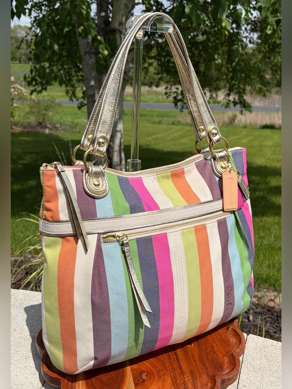 Coach Poppy Glam Tote Legacy Stripe Sequin 19021 Like New